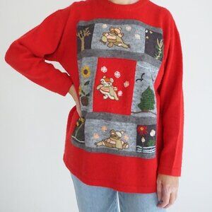 Vintage Unison Fashion Red Christmas Teddy Bear Crewneck Knit Sweater L